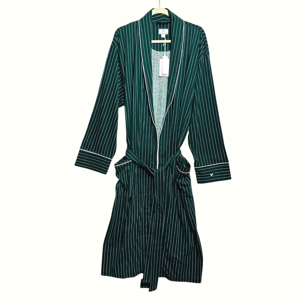 Petite Plume Robe Men L/XL Green White Striped Pima Cotton Pockets New Luxury